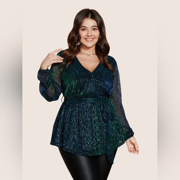 BloomChic Tops - Bloomchic NWOT Sequin Mesh Lantern Sleeve Shimmer Plus Size Women's Top